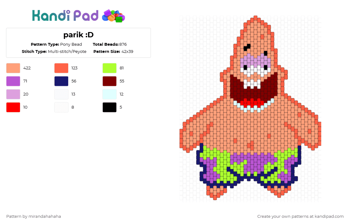 parik :D - Pony Bead Pattern by mirandahahaha on Kandi Pad - patrick star,spongebob squarepants,cartoon,red,orange