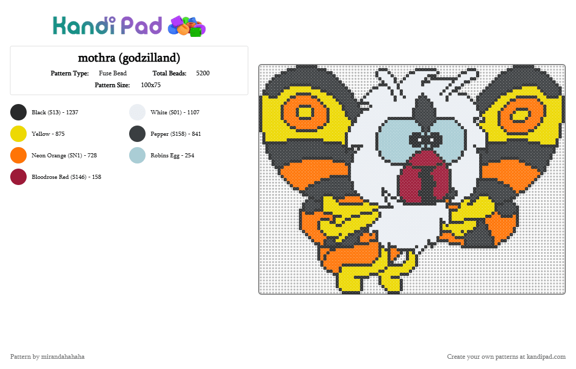 mothra (godzilland) - Fuse Bead Pattern by mirandahahaha on Kandi Pad - yellow,orange