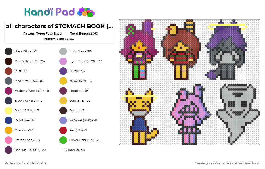 all characters of STOMACH BOOK (part 1) - Fuse Bead Pattern by mirandahahaha on Kandi Pad - pink,brown,red,purple,colorful