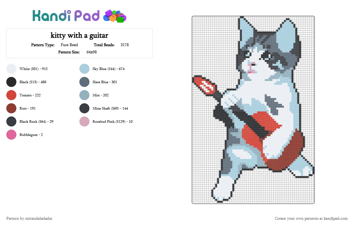 kitty with a guitar - Fuse Bead Pattern by mirandahahaha on Kandi Pad - red,light blue