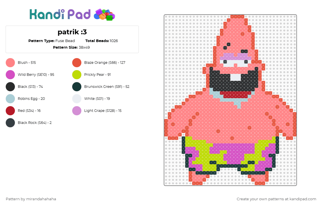 patrik :3 - Fuse Bead Pattern by mirandahahaha on Kandi Pad - patrick star,spongebob squarepants,cartoon,red