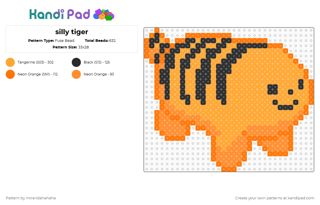 silly tiger - Fuse Bead Pattern by mirandahahaha on Kandi Pad - orange