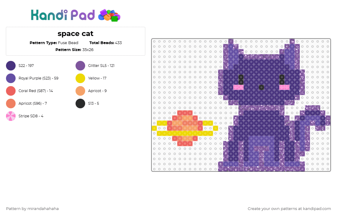 space cat - Fuse Bead Pattern by mirandahahaha on Kandi Pad - pink,purple