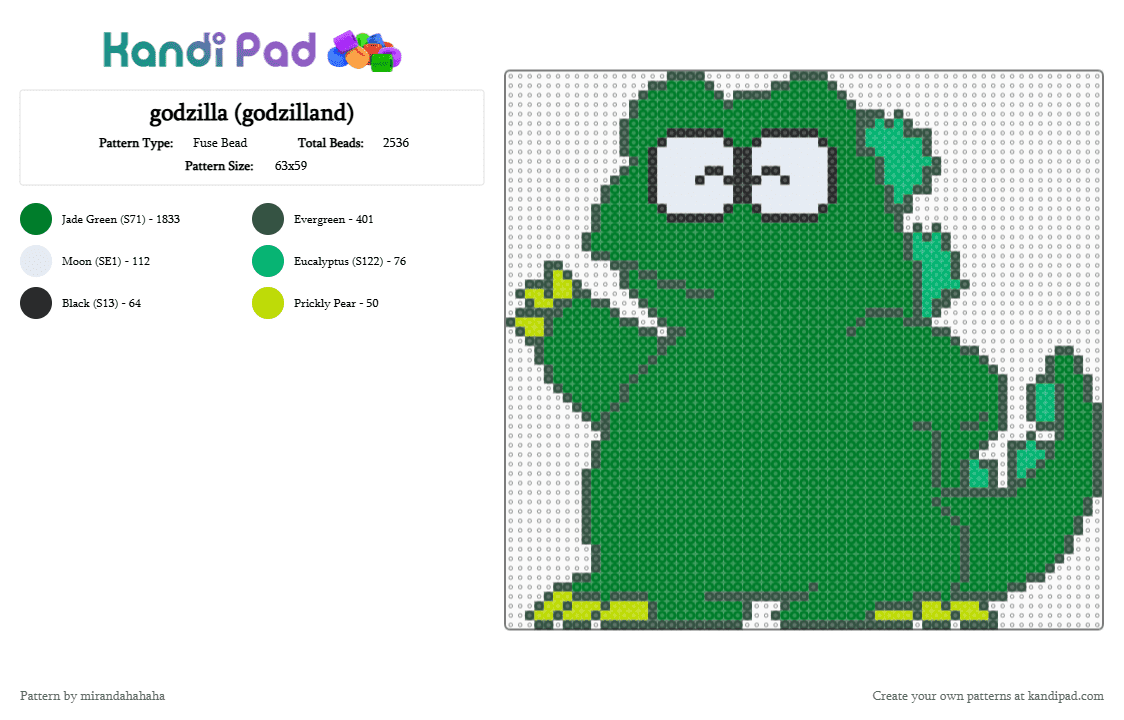 godzilla (godzilland) - Fuse Bead Pattern by mirandahahaha on Kandi Pad - green