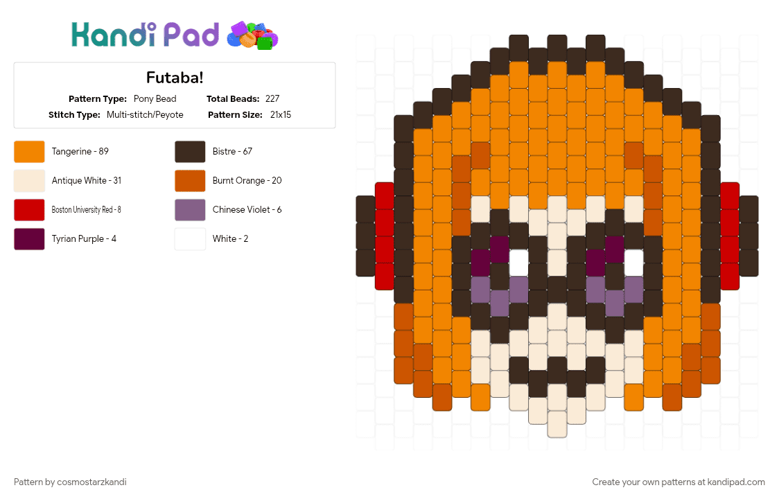 Futaba! - Pony Bead Pattern by cosmostarzkandi on Kandi Pad - anime, brown, charm, game character, orange, video game