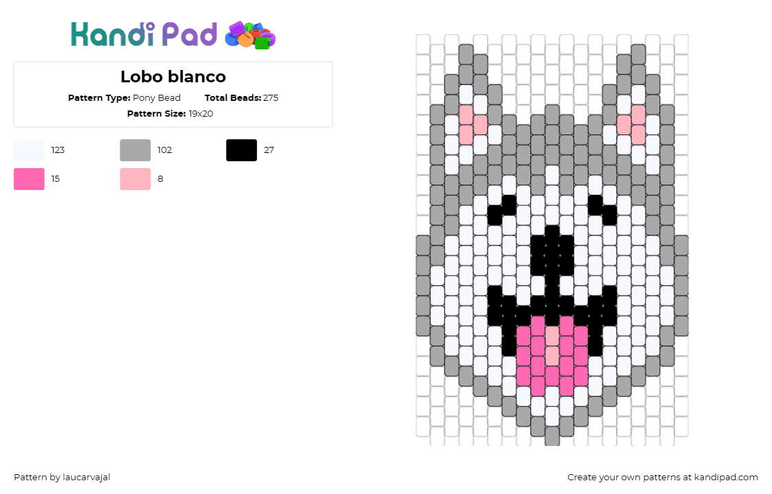 Lobo blanco - Pony Bead Pattern by laucarvajal on Kandi Pad - wolf,dog,cute,animal,wild,friendly,joyful,face,white,gray