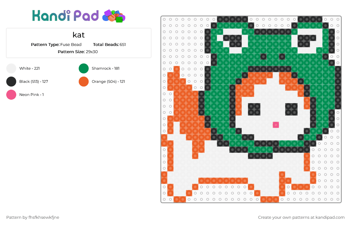 kat - Fuse Bead Pattern by fhsfkhsewkfjne on Kandi Pad - green,orange