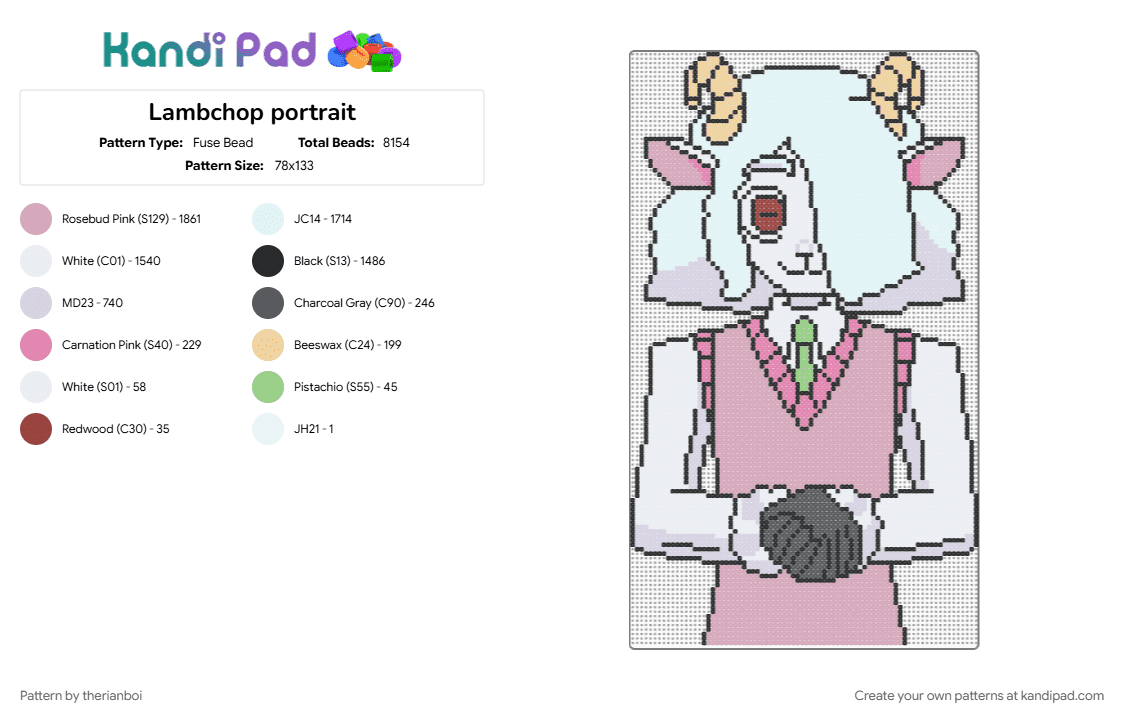 Lambchop portrait - Fuse Bead Pattern by therianboi on Kandi Pad - animal character, character, character portrait, gaming, pink, portrait, sheep, white