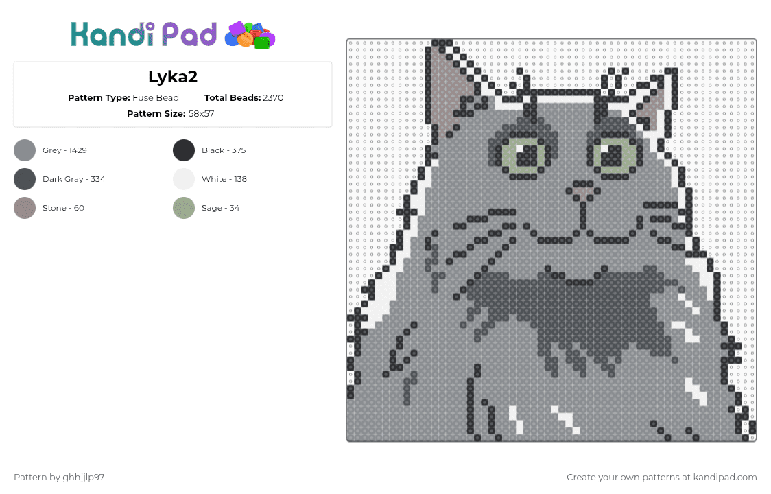 Lyka2 - Fuse Bead Pattern by ghhjjlp97 on Kandi Pad - cat,animal,gray