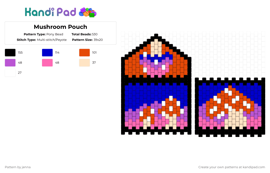 Mushroom Pouch - Pony Bead Pattern by jenna on Kandi Pad - red,purple,pink