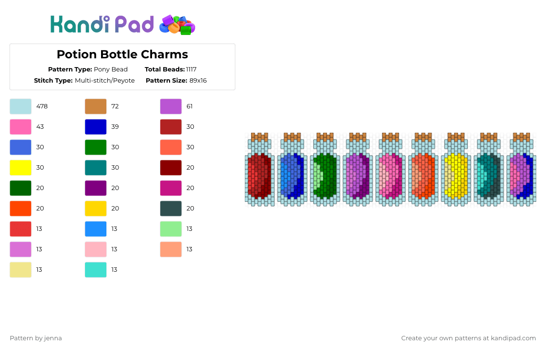 Potion Bottle Charms - Pony Bead Pattern by jenna on Kandi Pad - light blue,red,pink