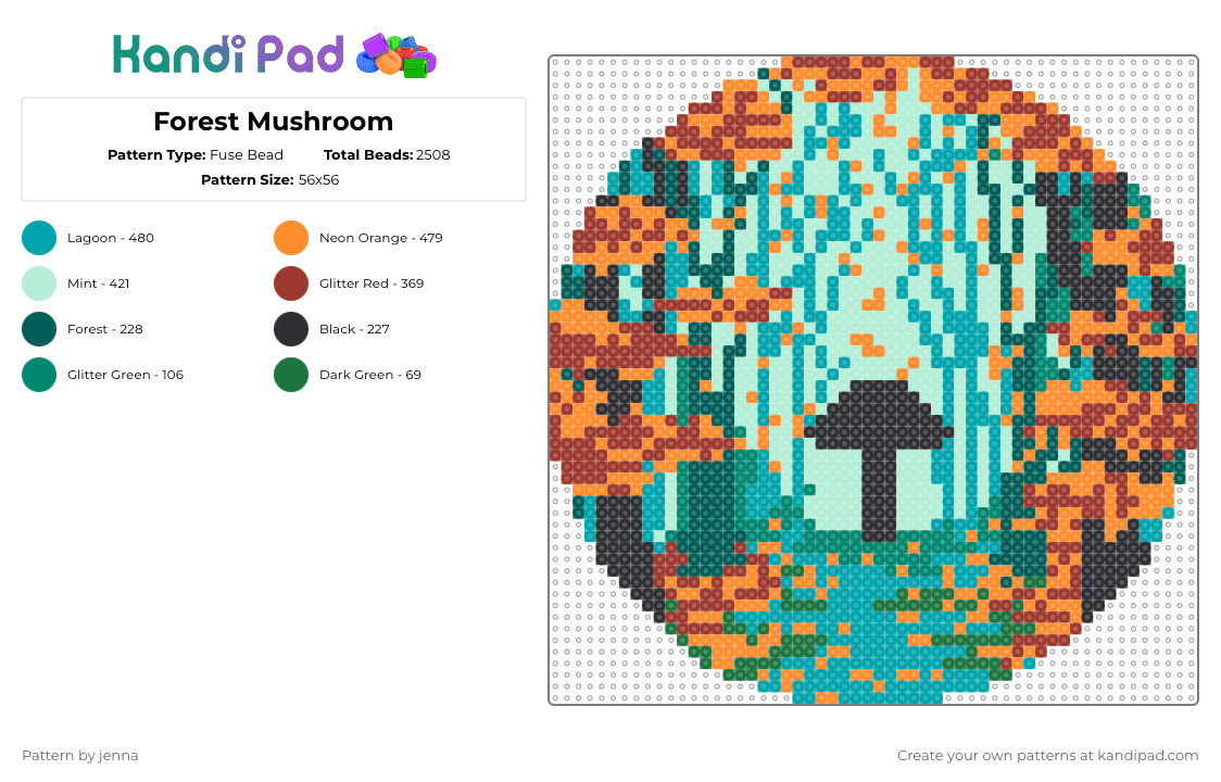 Forest Mushroom - Fuse Bead Pattern by jenna on Kandi Pad - orange,red,light blue,teal