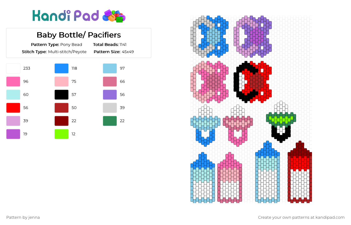 Baby Bottle/ Pacifiers - Pony Bead Pattern by jenna on Kandi Pad - light blue,pink,red