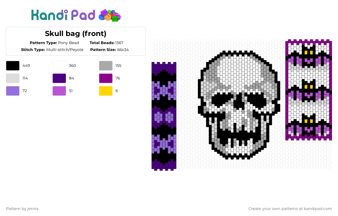 Skull bag (front) - Pony Bead Pattern by jenna on Kandi Pad - beige, pink, purple, white