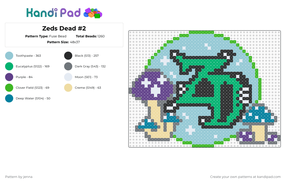 Zeds Dead #2 - Fuse Bead Pattern by jenna on Kandi Pad - zeds dead,music,album,dj,electronic music,green,light blue