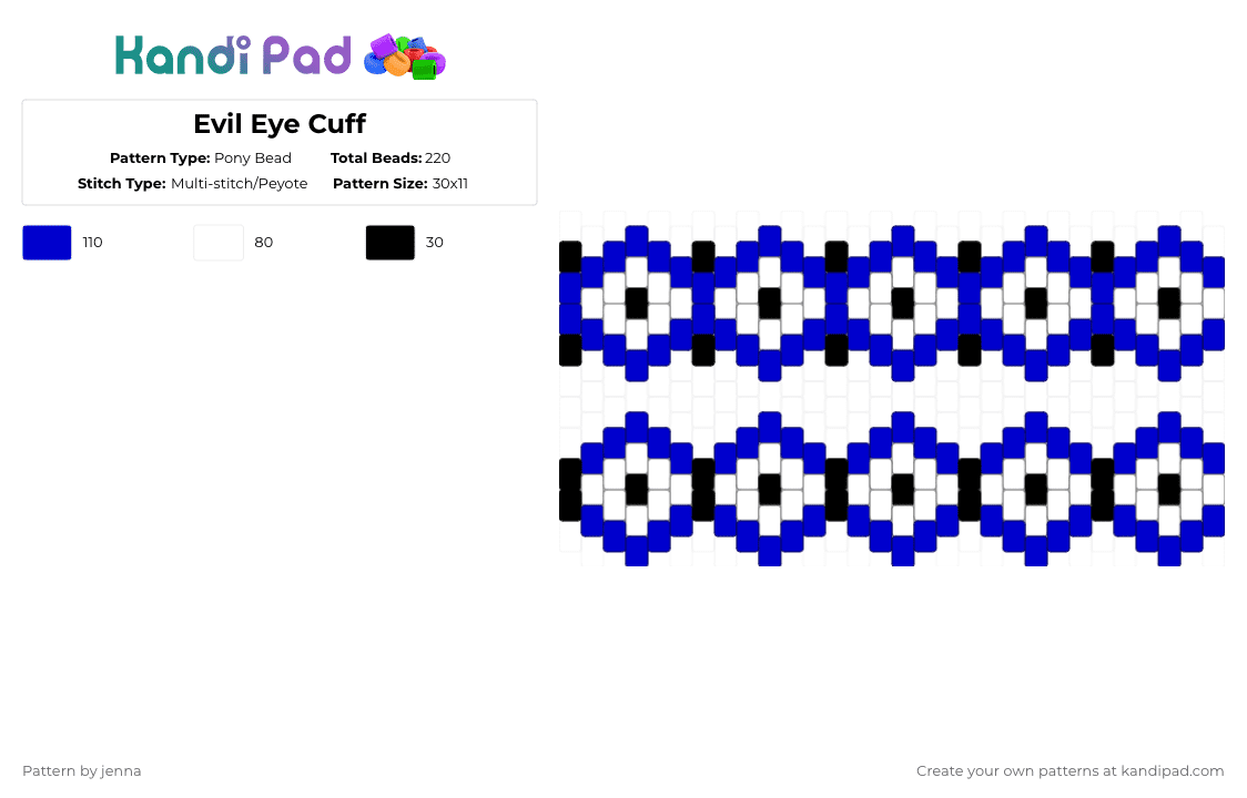 Evil Eye Cuff - Pony Bead Pattern by jenna on Kandi Pad - white,purple