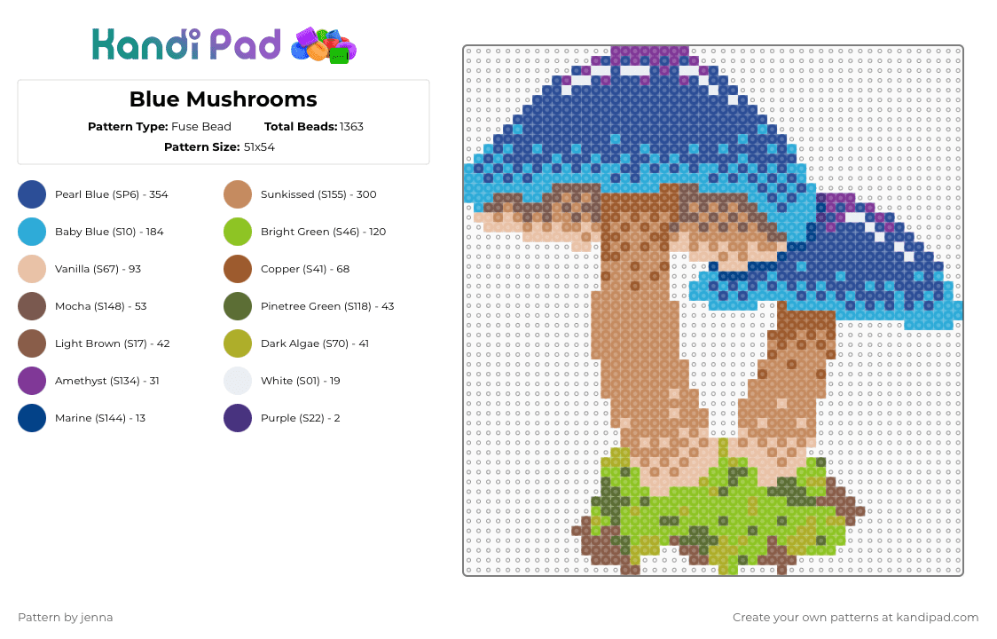 Blue Mushrooms - Fuse Bead Pattern by jenna on Kandi Pad - blue,light blue,tan,green
