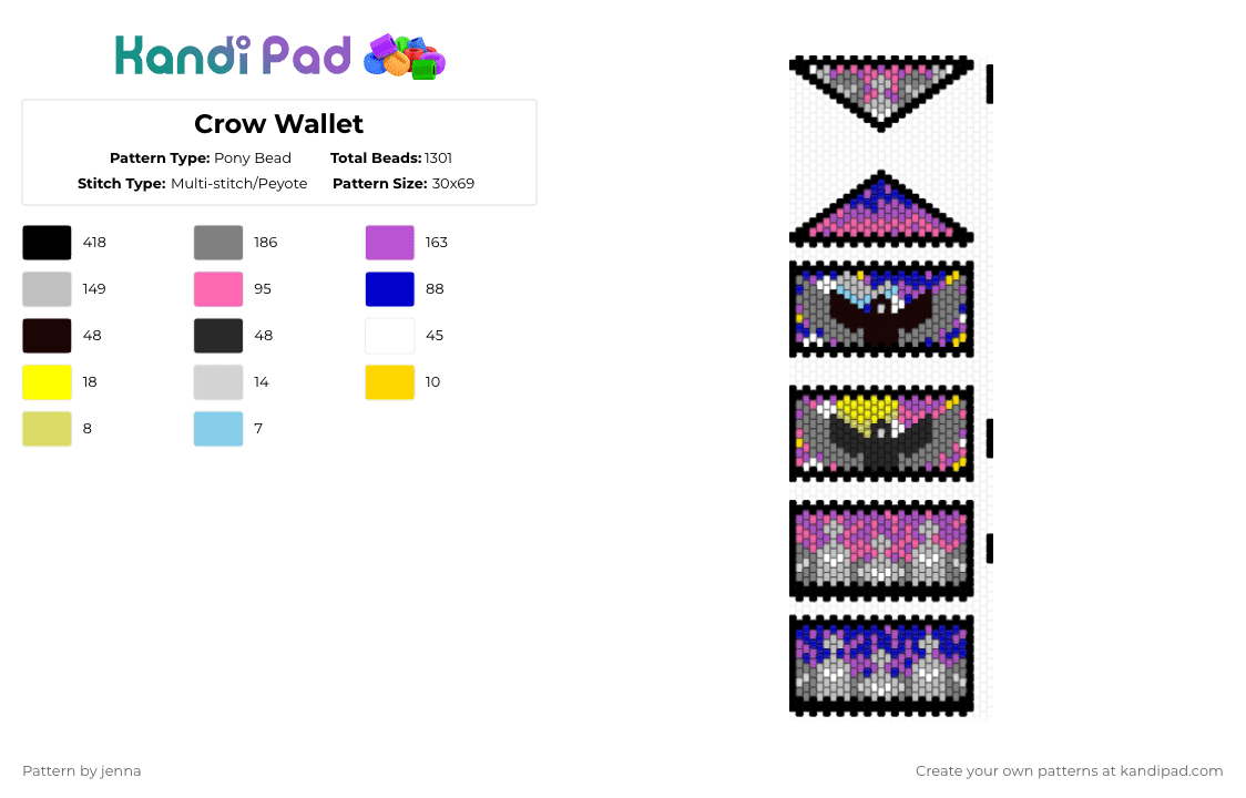 Crow Wallet - Pony Bead Pattern by jenna on Kandi Pad - pink,beige,gray
