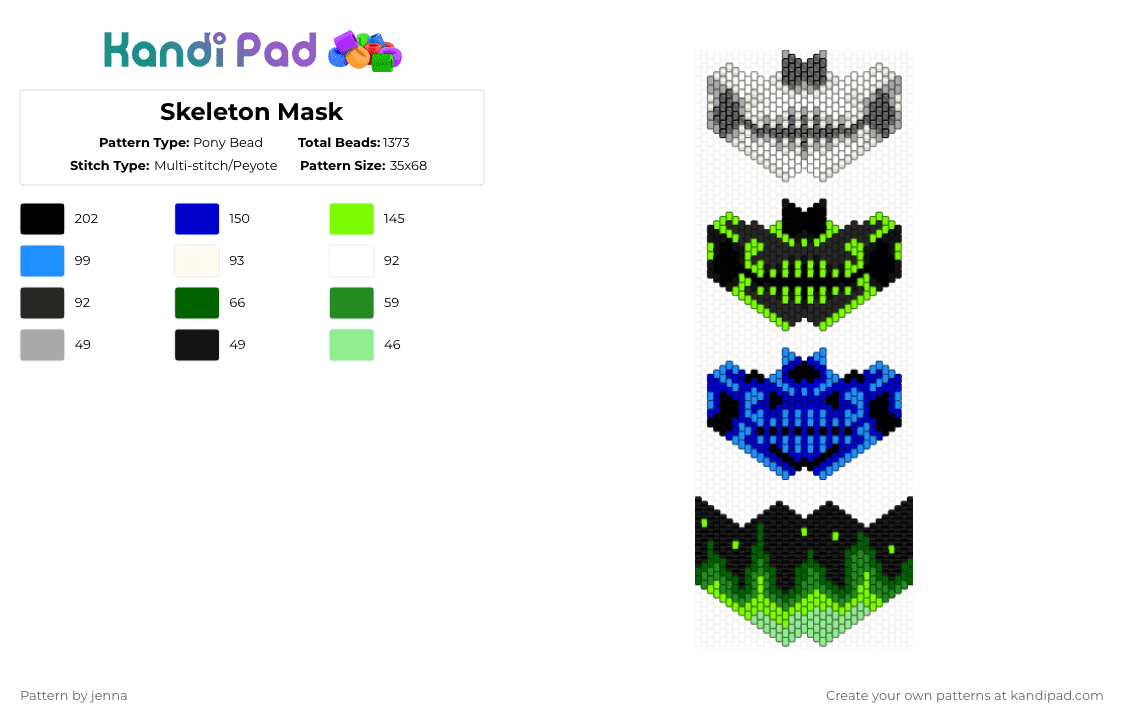 Skeleton Mask - Pony Bead Pattern by jenna on Kandi Pad - green,purple