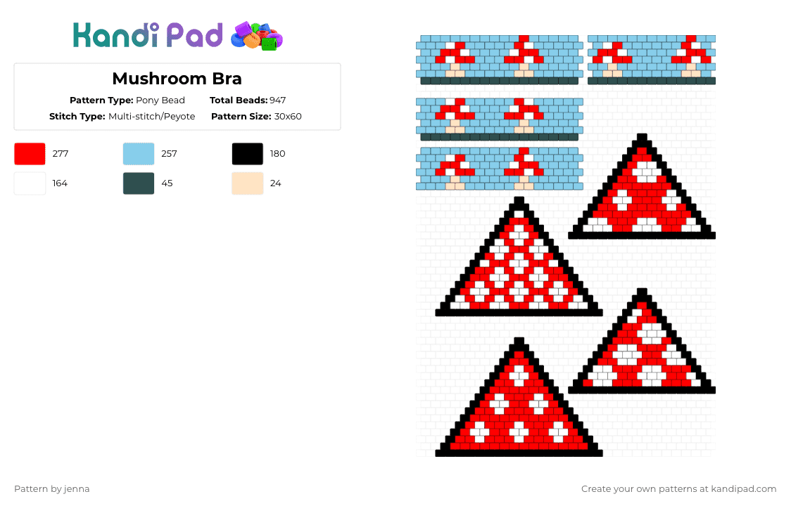 Mushroom Bra - Pony Bead Pattern by jenna on Kandi Pad - red,light blue