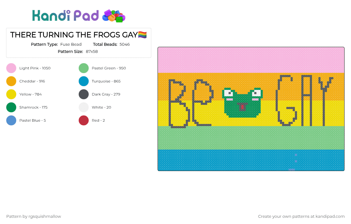 THERE TURNING THE FROGS GAY🏳️‍🌈 - Fuse Bead Pattern by rgsquishmallow on Kandi Pad - pink,yellow,teal,colorful