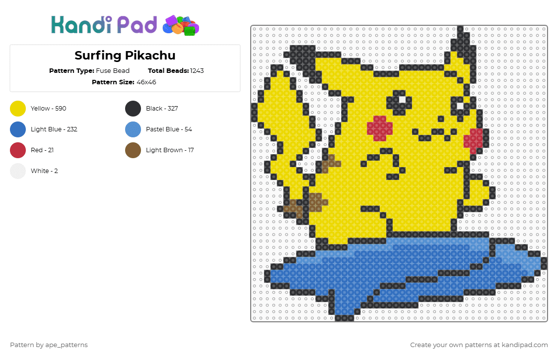Surfing Pikachu - Fuse Bead Pattern by ape_patterns on Kandi Pad - yellow,blue,character,pokemon,pikachu,surfing,video games,gaming,nintendo,game boy