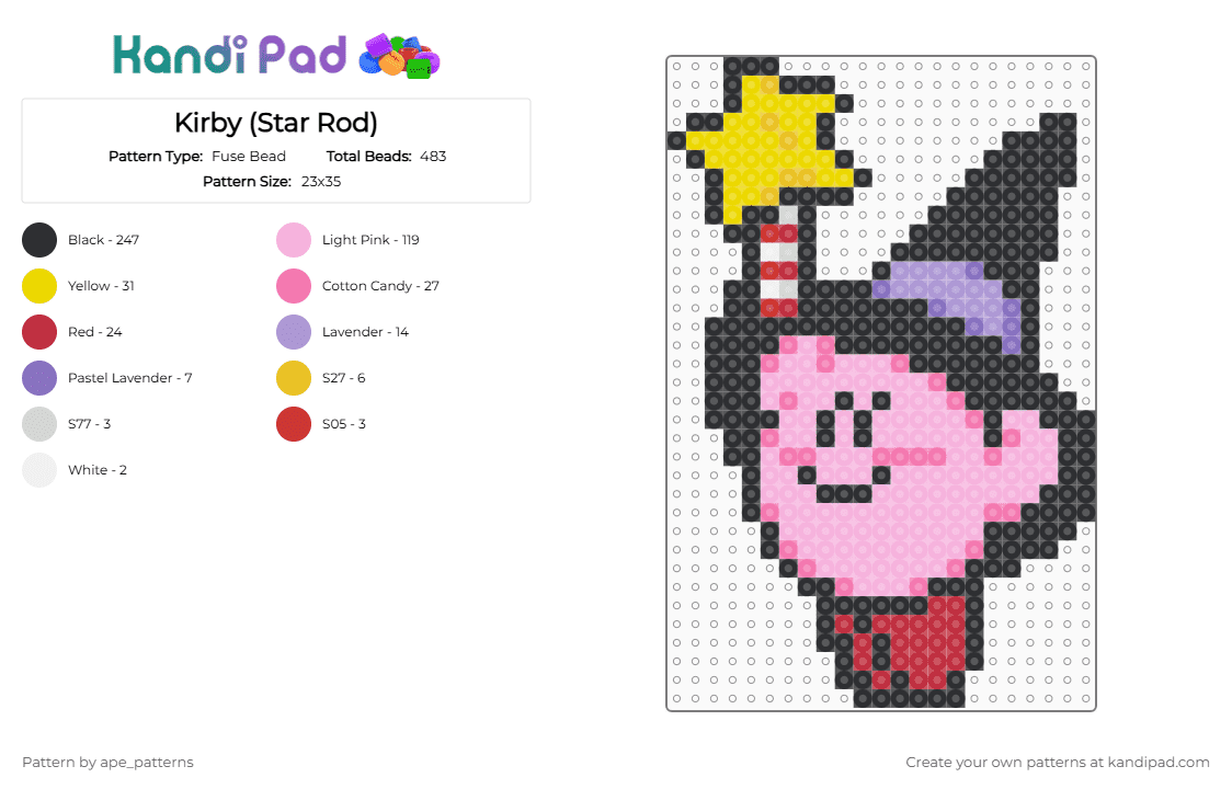 Kirby (Star Rod) - Fuse Bead Pattern by ape_patterns on Kandi Pad - black,pink,character,kirby,star rod,nintendo,video games,gaming