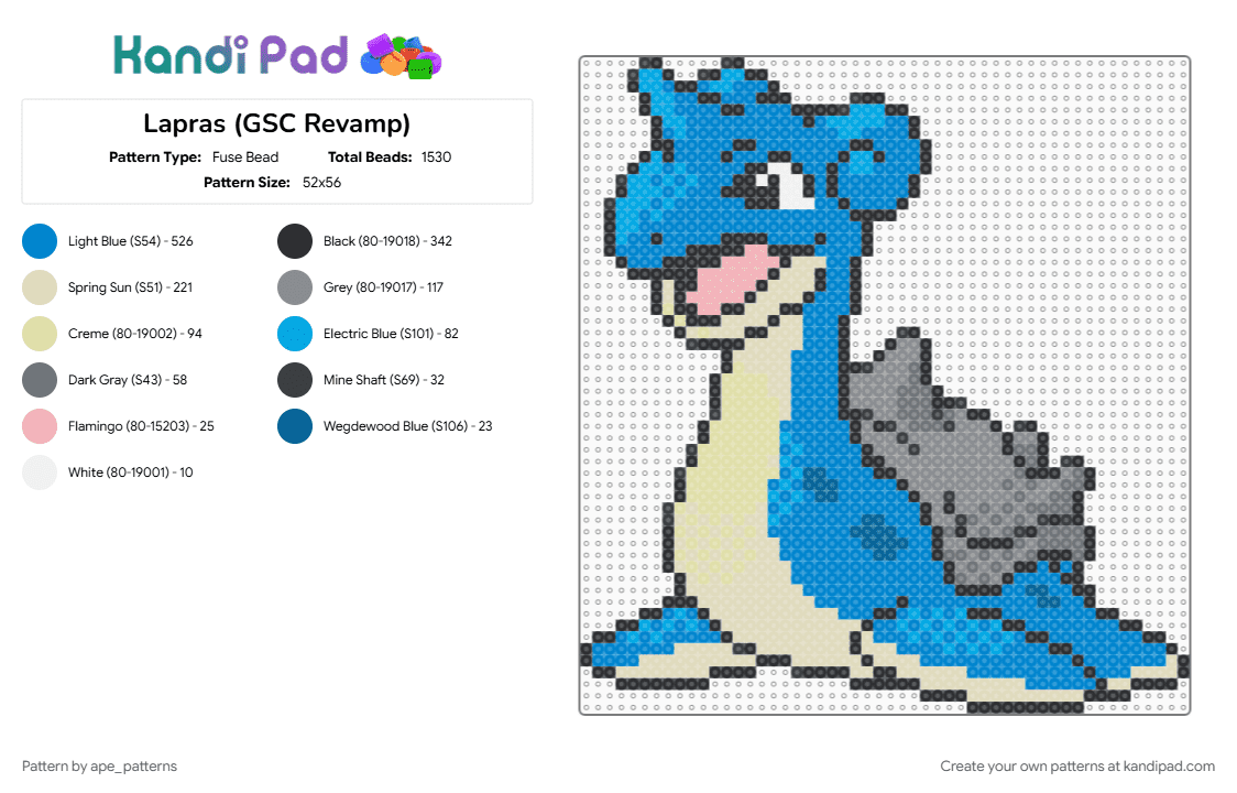 Lapras (GSC Revamp) - Fuse Bead Pattern by ape_patterns on Kandi Pad - beige, blue, character, game boy, gaming, lapras, nintendo, pokemon, revamp, video games