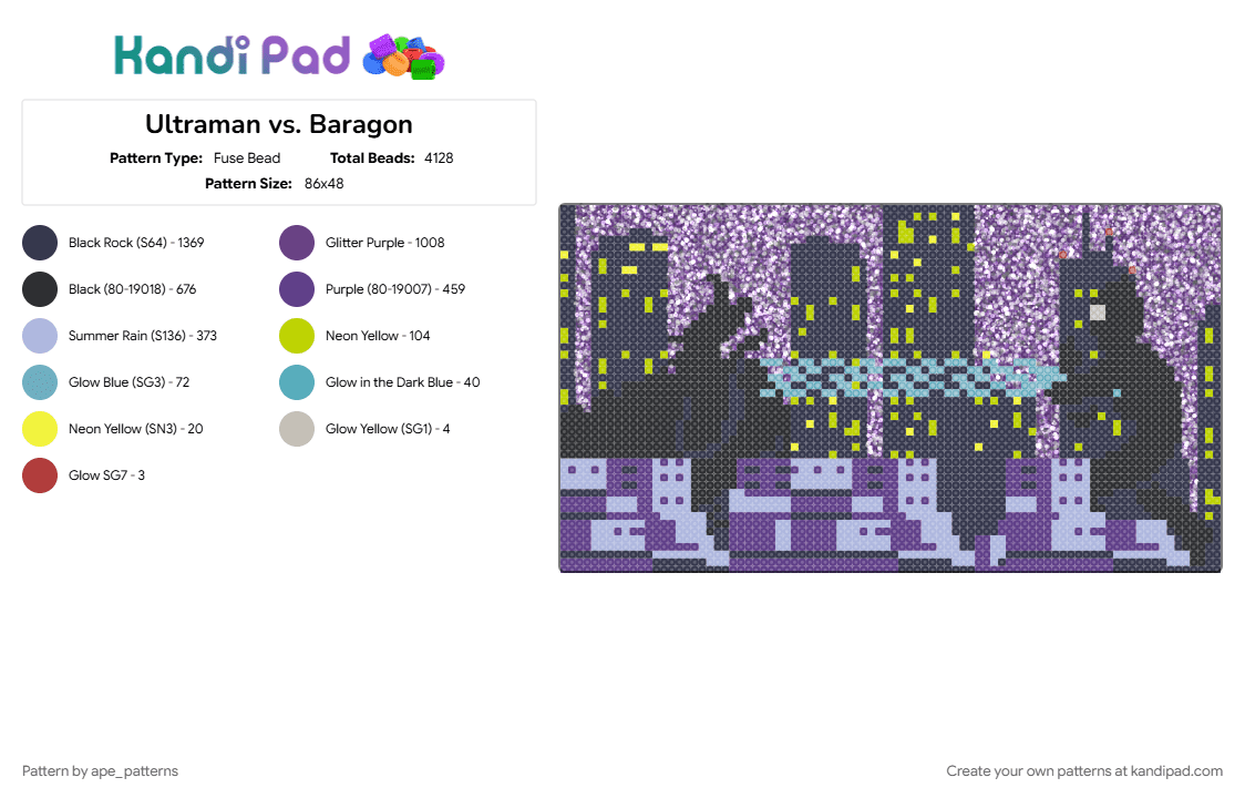 Ultraman vs. Baragon - Fuse Bead Pattern by ape_patterns on Kandi Pad - baragon, character, cotdskyscrapers, purple, silhouette, toku, ultraman