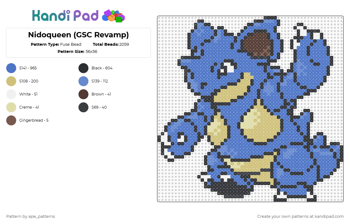 Nidoqueen (GSC Revamp) - Fuse Bead Pattern by ape_patterns on Kandi Pad - blue,character,nidoqueen,pokemon,revamp,nintendo,game boy,video games,gaming