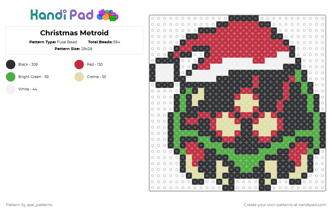 Christmas Metroid - Fuse Bead Pattern by ape_patterns on Kandi Pad - black,red,metroid,nintendo,christmas,holiday,nes,scifi,gaming,video games