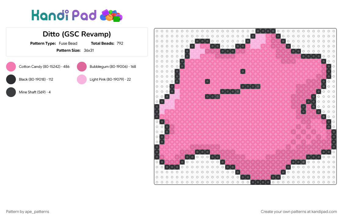 Ditto (GSC Revamp) - Fuse Bead Pattern by ape_patterns on Kandi Pad - character, ditto, game boy, gaming, nintendo, pink, pokemon, revamp, video games