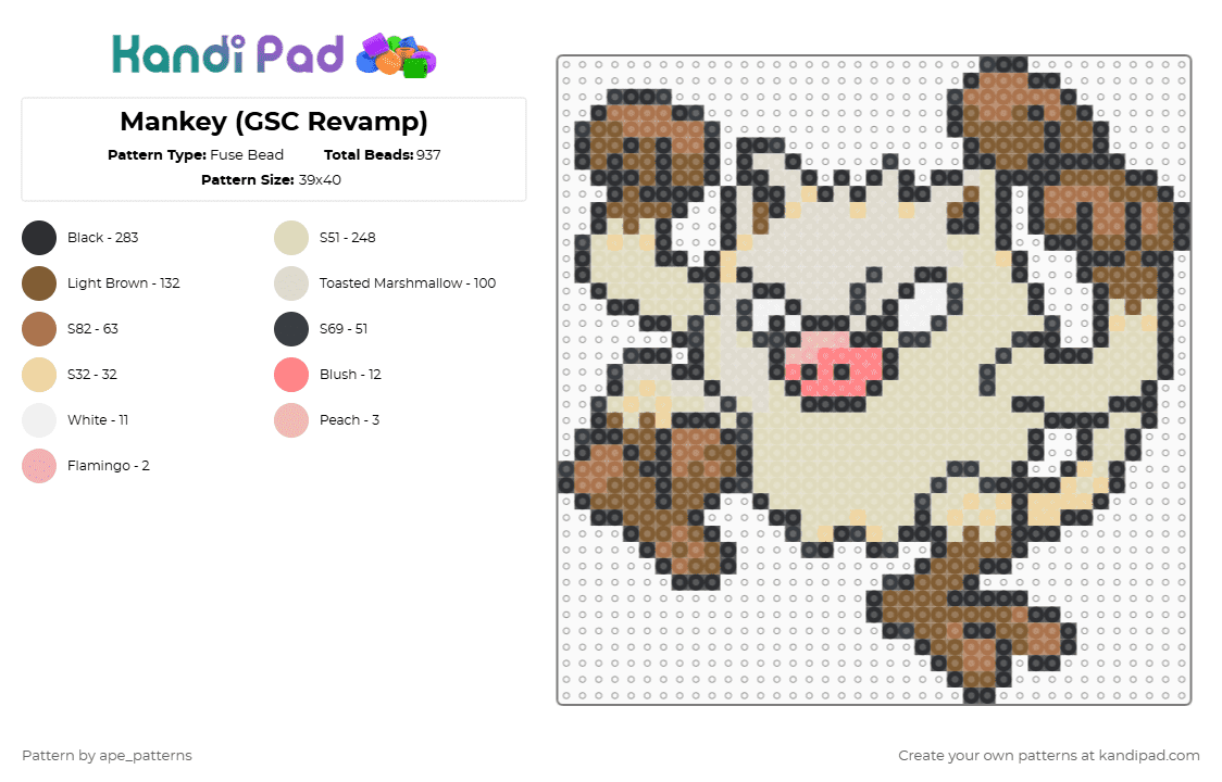 Mankey (GSC Revamp) - Fuse Bead Pattern by ape_patterns on Kandi Pad - tan,beige,character,mankey,pokemon,revamp,nintendo,game boy,video games,gaming