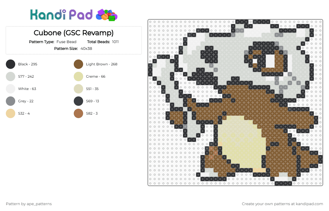 Cubone (GSC Revamp) - Fuse Bead Pattern by ape_patterns on Kandi Pad - tan,character,cubone,pokemon,revamp,nintendo,game boy,video games,gaming