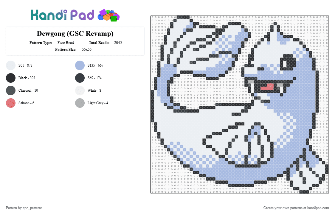 Dewgong (GSC Revamp) - Fuse Bead Pattern by ape_patterns on Kandi Pad - white,light blue,character,dewgong,pokemon,revamp,nintendo,game boy,video games,gaming