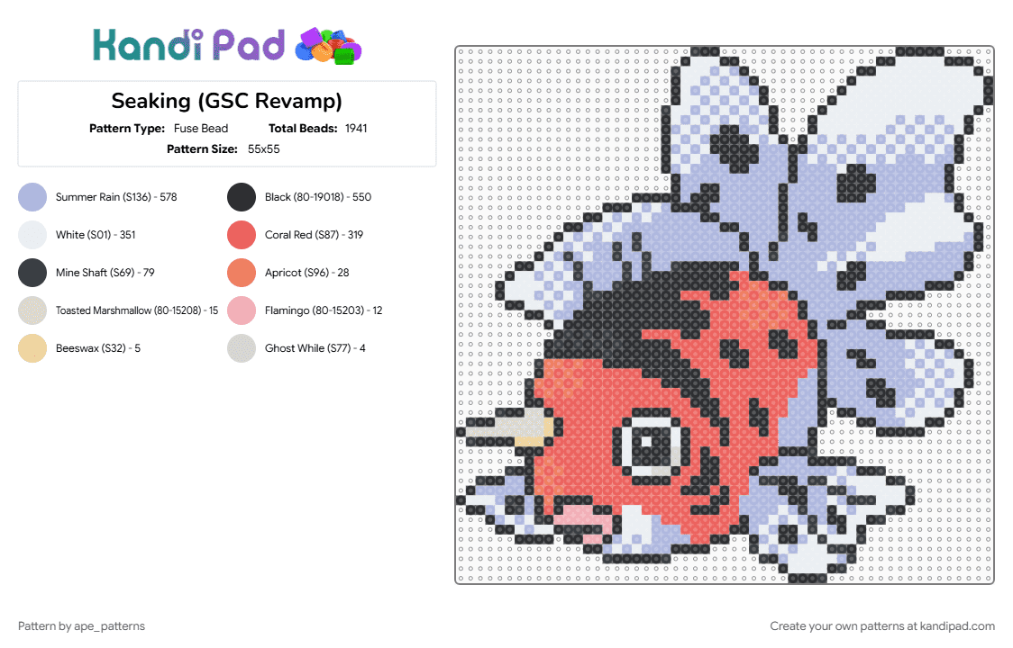 Seaking (GSC Revamp) - Fuse Bead Pattern by ape_patterns on Kandi Pad - character, game boy, gaming, nintendo, pink, pokemon, red, revamp, seaking, video game