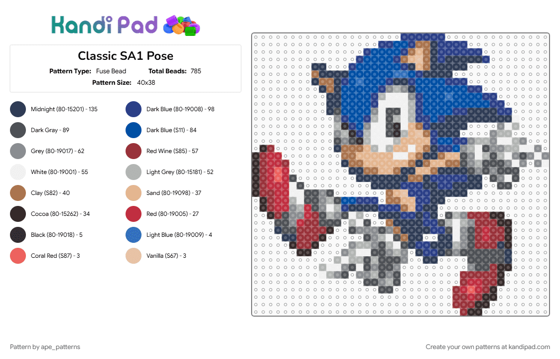 Classic Sonic Adventure Pose - Fuse Bead Pattern by ape_patterns on Kandi Pad - blue, character, cotdhedgehogs, gaming, genesis, gray, purple, sega, sonic, sonic the hedgehog, video games