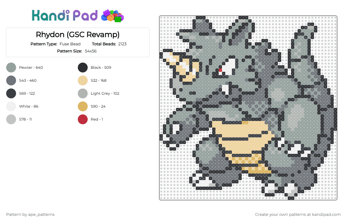 Rhydon (GSC Revamp) - Fuse Bead Pattern by ape_patterns on Kandi Pad - gray,character,rhydon,pokemon,revamp,nintendo,game boy,video games,gaming