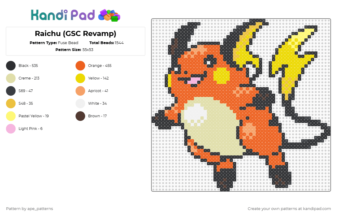 Raichu (GSC Revamp) - Fuse Bead Pattern by ape_patterns on Kandi Pad - yellow,orange,character,raichu,pokemon,revamp,nintendo,game boy,video games,gaming
