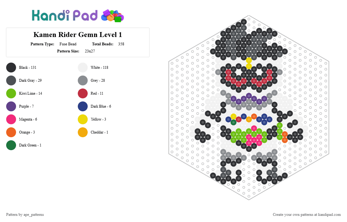 Kamen Rider Gemn Level 1 - Fuse Bead Pattern by ape_patterns on Kandi Pad - white,gray,green,character,kamen rider,exaid,gemn,chibi,toku,video games,superhero