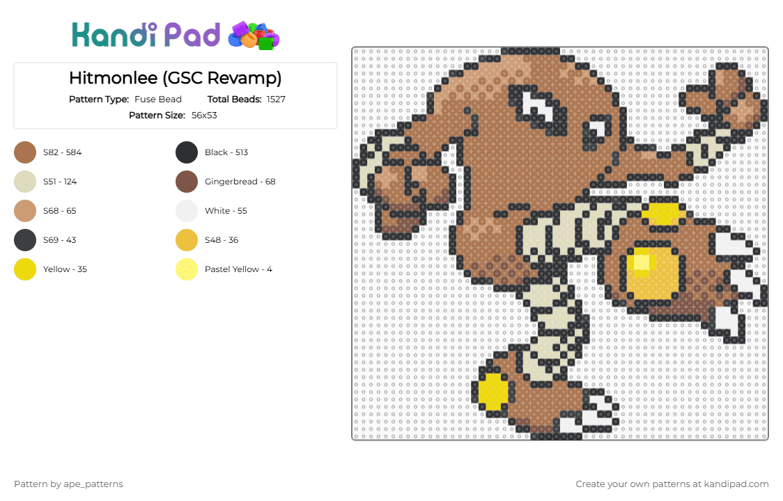 Hitmonlee (GSC Revamp) - Fuse Bead Pattern by ape_patterns on Kandi Pad - tan,character,hitmonlee,pokemon,revamp,nintendo,game boy,video games,gaming