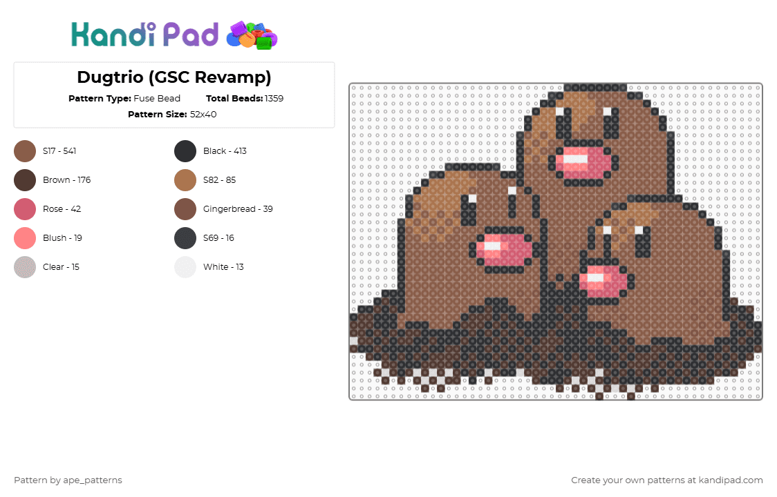 Dugtrio (GSC Revamp) - Fuse Bead Pattern by ape_patterns on Kandi Pad - tan,character,dugtrio,pokemon,revamp,nintendo,game boy,video games,gaming