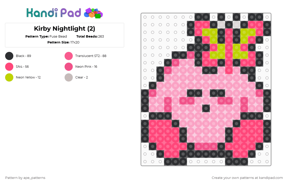Kirby Nightlight (2) - Fuse Bead Pattern by ape_patterns on Kandi Pad - red,pink,character,kirby,adorable,video games,nightlight,neon,gaming,nintendo
