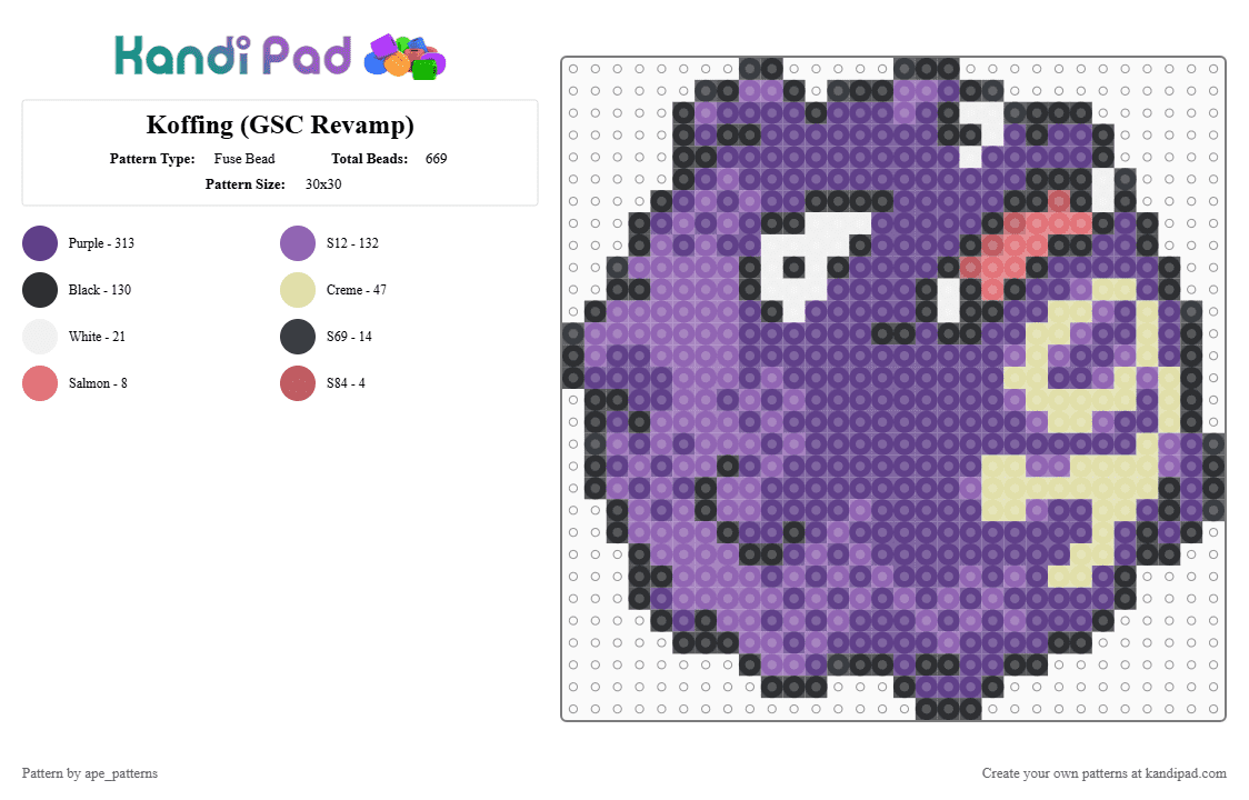 Koffing (GSC Revamp) - Fuse Bead Pattern by ape_patterns on Kandi Pad - purple,pink,character,koffing,pokemon,revamp,nintendo,game boy,video games,gaming