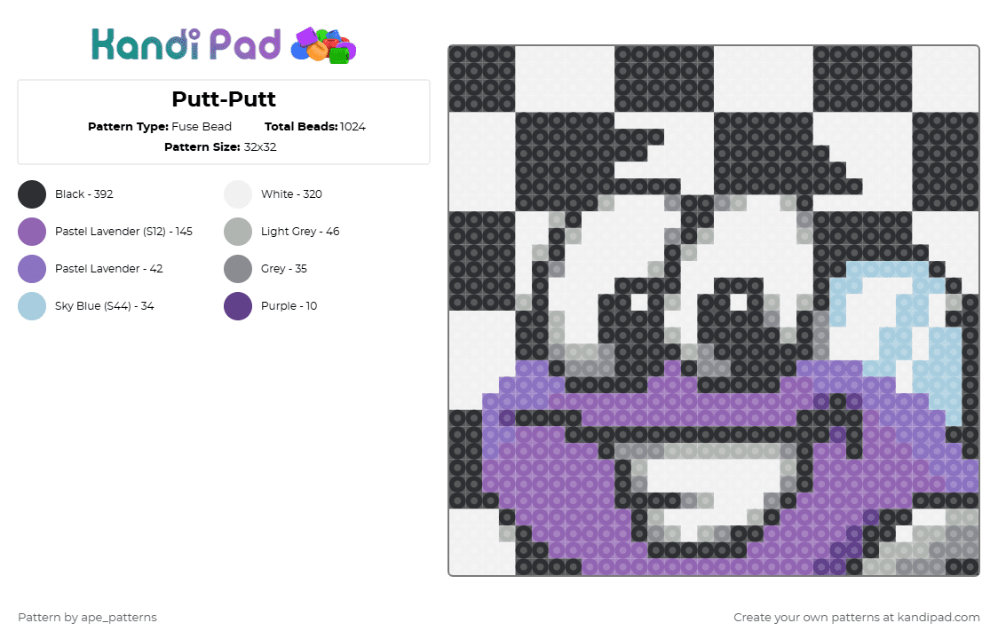 Putt-Putt - Fuse Bead Pattern by ape_patterns on Kandi Pad - white,pink,character,putt putt,retro,pc,nostalgia,video games,gaming,humongous entertainment