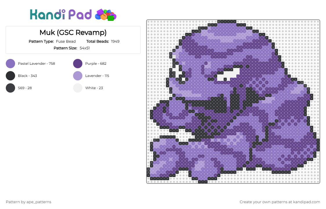 Muk (GSC Revamp) - Fuse Bead Pattern by ape_patterns on Kandi Pad - purple,blue,character,muk,pokemon,revamp,nintendo,game boy,video games,gaming