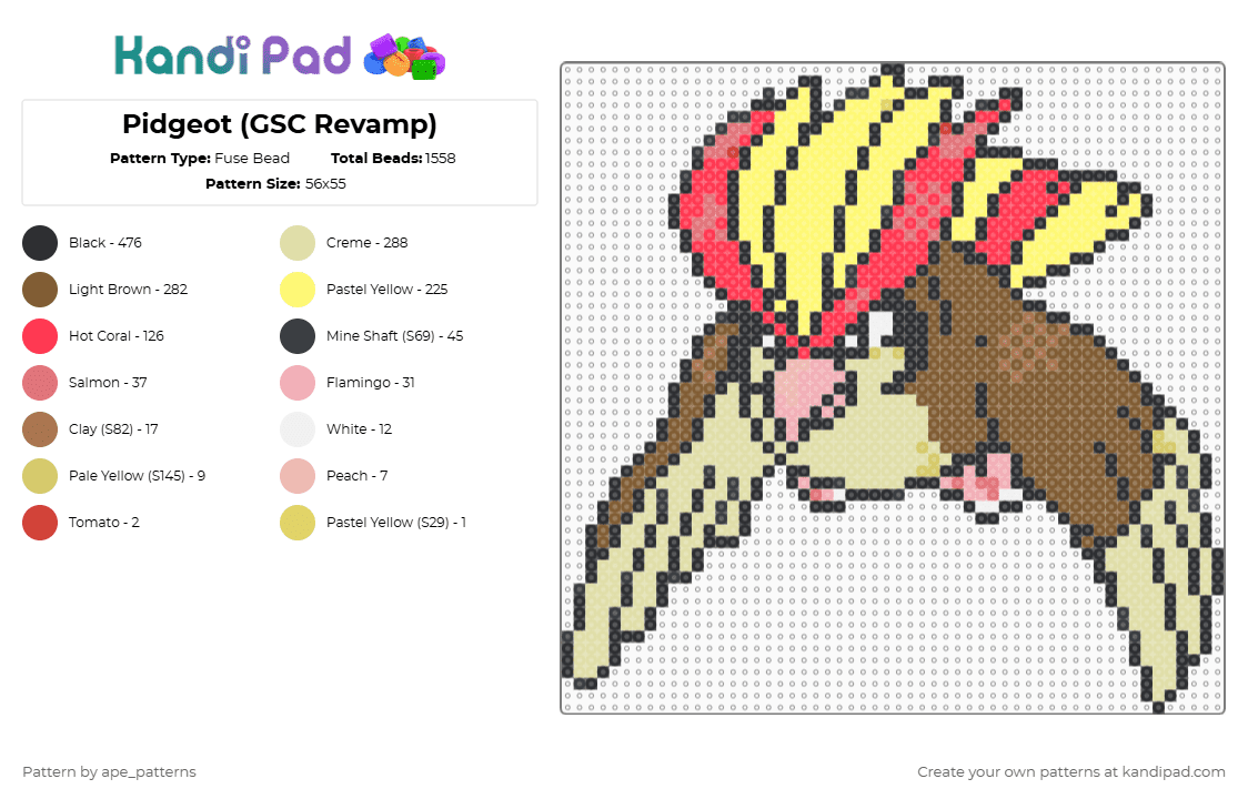 Pidgeot (GSC Revamp) - Fuse Bead Pattern by ape_patterns on Kandi Pad - yellow,tan,character,pidgeot,pokemon,revamp,game boy,nintendo,video games,gaming