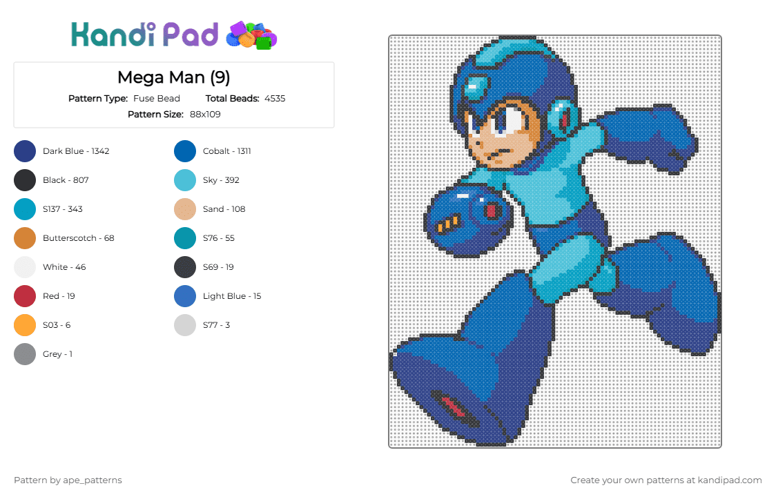 Mega Man (9) - Fuse Bead Pattern by ape_patterns on Kandi Pad - light blue,blue,character,mega man,rockman,capcom,video games,gaming