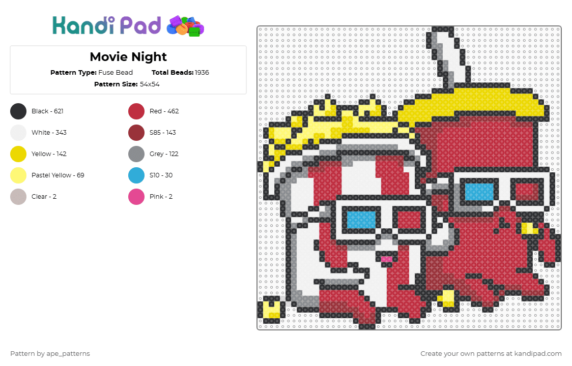Movie Night - Fuse Bead Pattern by ape_patterns on Kandi Pad - yellow,red,character,movie,popcorn,soda,cute