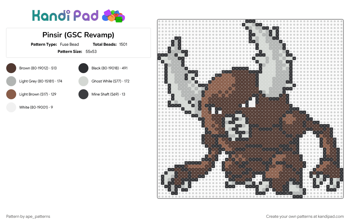 Pinsir (GSC Revamp) - Fuse Bead Pattern by ape_patterns on Kandi Pad - brown, character, game boy, gaming, nintendo, pinsir, pokemon, revamp, video games